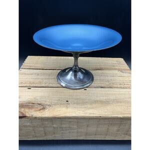 Vintage Reed & Barton USA Deep Blue Enamel Silver Plate Shallow Pedestal Bowl
